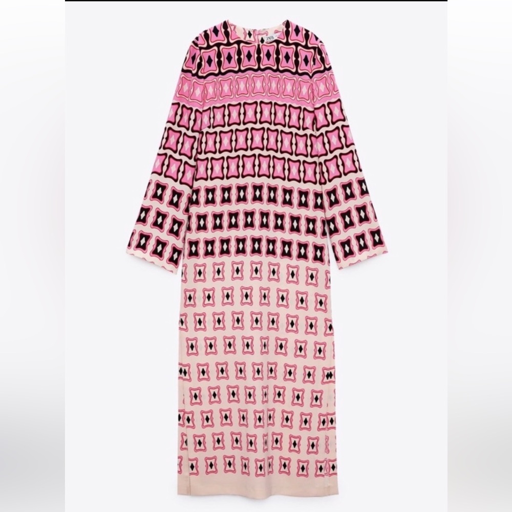 Zara pink graphic printed long sleeve midi dress with size slits.